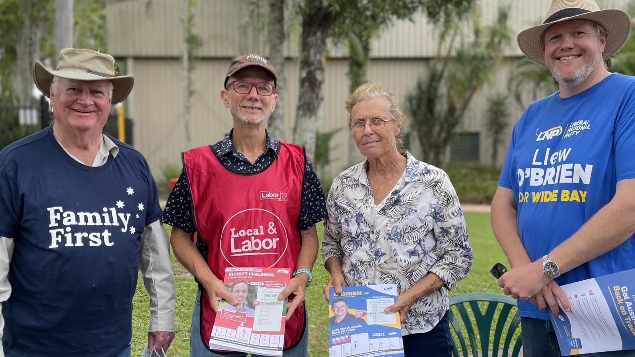 Dave Hetherington, Dan Stewart, Lyn Woodhead, and Chris Anderson at the May 3, 2025 election day gauntlet at Southside State School.