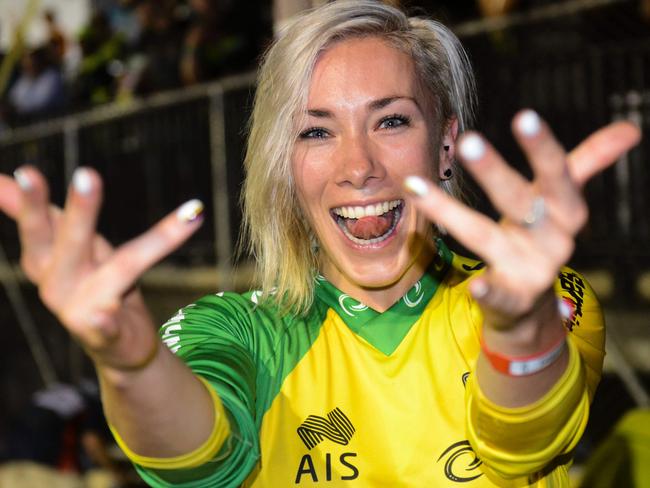 Caroline Buchanan of Australia celebrates after winning a gold medal in the Elite Womens Time Trial Race during of the UCI BMX World Championships on May 28, 2016 in Medellin, Antioquia department, Colombia. / AFP PHOTO / RAUL ARBOLEDA