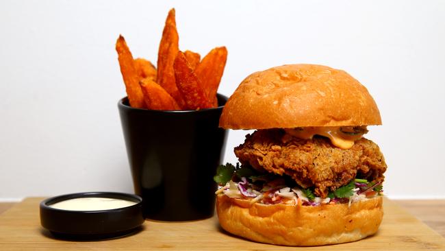 Daark Espresso Cafe at Chirn Park’s Southern Fried Chicken Burger. Photo: David Clark