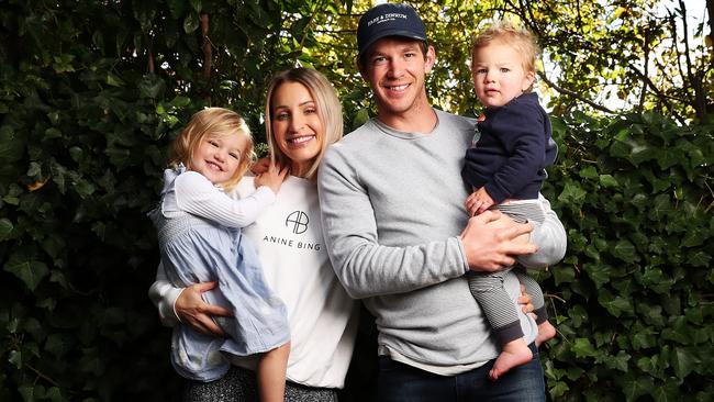 Tim Paine at home with wife Bonnie and kids Charlie, 1, and Milla, 2. Picture: Nikki Davis-Jones