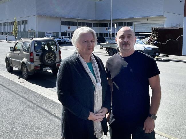 Owner of Tasmanian Wine Centre Lindsey Johnstone and Mayfair Cafe owner John Koulmaris say loss of parking from the proposed bike lanes will disrupt their Collins Street businesses. Picture: Genevieve Holding