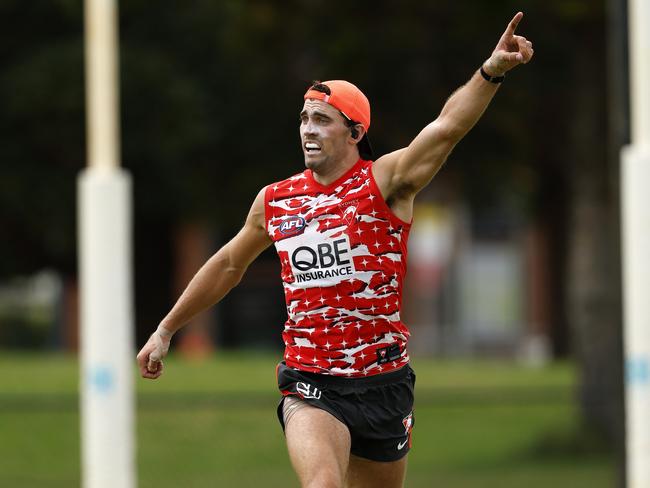 Tom McCartin playing up forward during the Sydney Swans match sim training session. Picture: Phil Hillyard