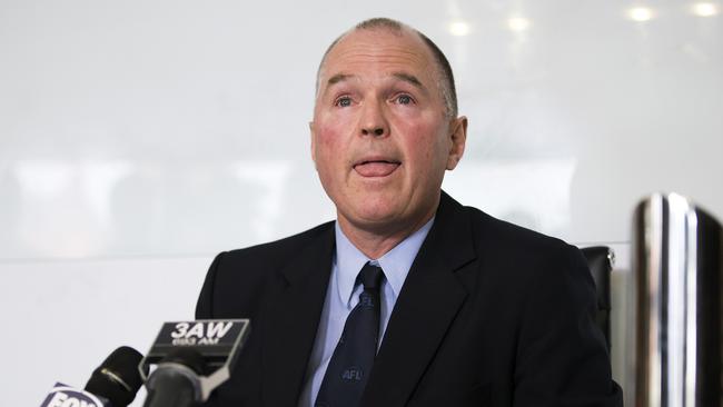 AFL Coaches Association CEO Mark Brayshaw visibly upset as he addresses the media about the death of Adelaide Crows coach, Phil Walsh at AFLCA head office in Albert Park. Picture: Sarah Matray