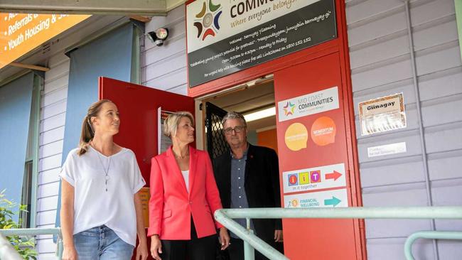 Senator Kristina Keneally and Labor candidate for Cowper Andrew Woodward at Coffs Harbour Neighbourhood Centre with Anna Scott from Pete&#39;s Place. Picture: TREVOR VEALE