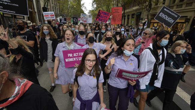 School students at the recent women’s march in Melbourne. Picture: Jason Edwards