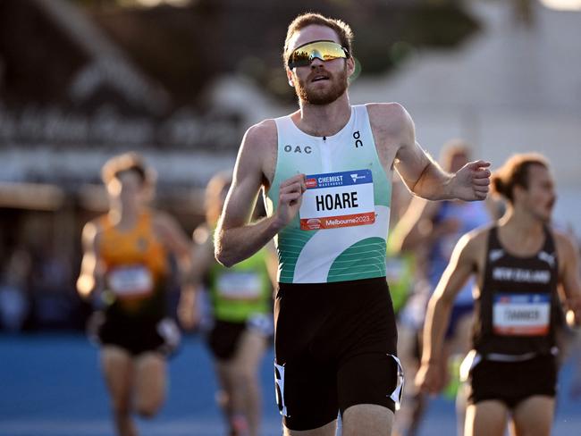 Ollie Hoare of Australia wins the men's one mile event at the Maurie Plant athletics meet. Picture: AFP