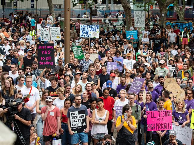 The March for Pill Testing held outside Sydney Town Hall on Saturday January 19. Picture: AAP 