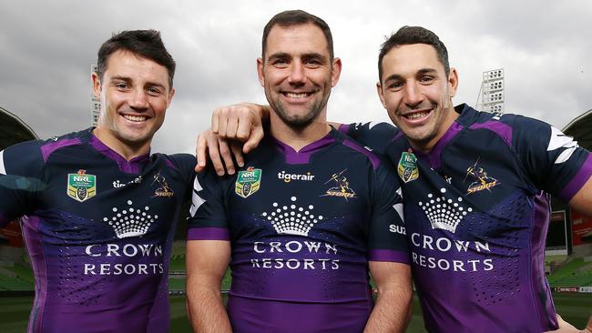 Melbourne Storm's Big 3. Captain Cameron Smith with Cooper Cronk and Billy Slater. Pic: Michael Klein