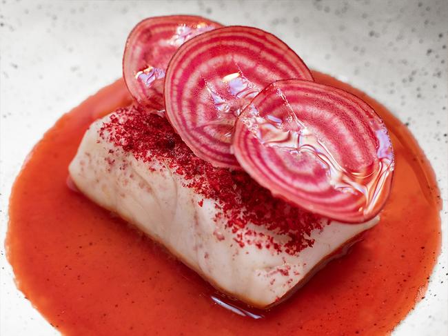 The red course in the Chroma VIVID Experience — operating during the three weeks of Vivid Sydney from May 24 to June 15 — is ruby snapper with smoked strawberry gazpacho and radish.