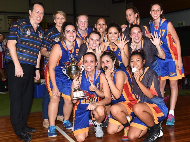 Tracy Village celebrates beating Eagles in a 2014 DBA women’s final. Picture: Helen Orr