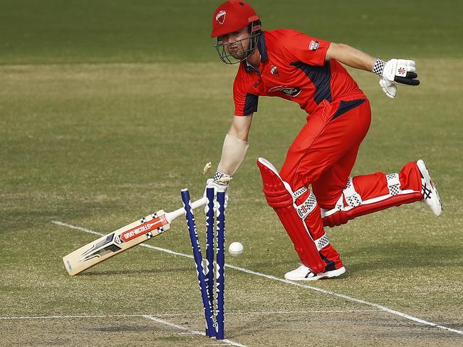 MELBOURNE, AUSTRALIA - APRIL 08: Travis Head of South Australia returns to the crease before the stumps are hit with the ball during the Marsh One Day Cup match between Victoria and South Australia at CitiPower Centre on April 08, 2021 in Melbourne, Australia. (Photo by Daniel Pockett/Getty Images)