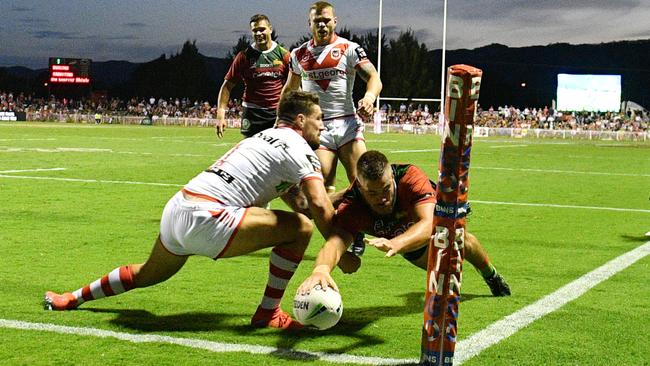 Corey Allan bags one of his three tries during the Charity Shield. Picture: Gregg Porteous/ NRL Photos