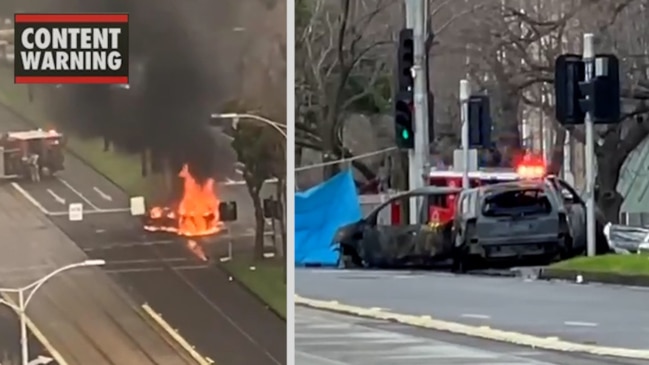 Car erupts in flames after crash at Melbourne hospital