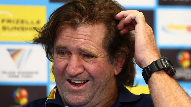 GOLD COAST, AUSTRALIA - MARCH 30: Des Hasler head coach of the Titans speaks to the media during the round four NRL match between Gold Coast Titans and Dolphins at Cbus Super Stadium, on March 30, 2024, in Gold Coast, Australia. (Photo by Chris Hyde/Getty Images)