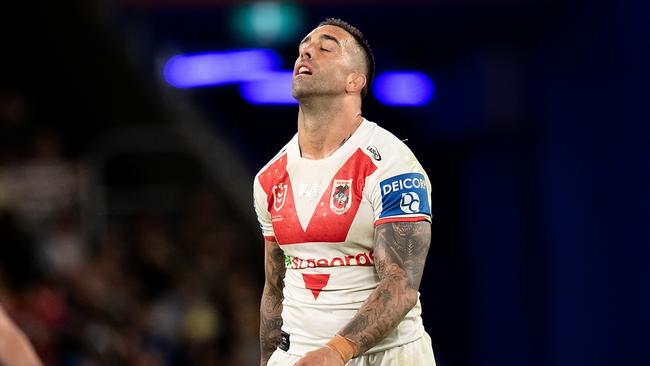 SYDNEY, AUSTRALIA - APRIL 11: Paul Vaughan of the Dragons looks up during the round five NRL match between the Parramatta Eels and St George Illawarra Dragons at Bankwest Stadium on April 11, 2021 in Sydney, Australia. (Photo by Speed Media/Icon Sportswire via Getty Images)