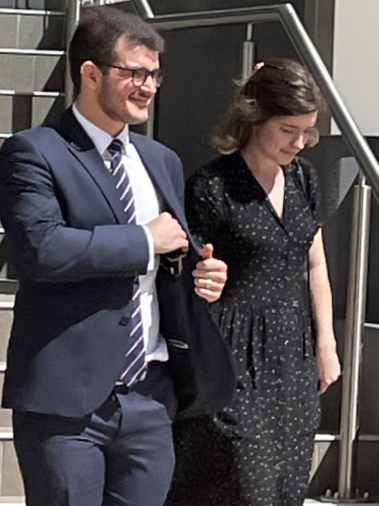 Nathanael Patson's high school friend Joshua Morgan and Nathanael's fiancee Sarah Morgan leaving the Rockhampton court house after Lochie John Taylor was sentenced for dangerous operation of a motor vehicle causing the death of Mr Patson.