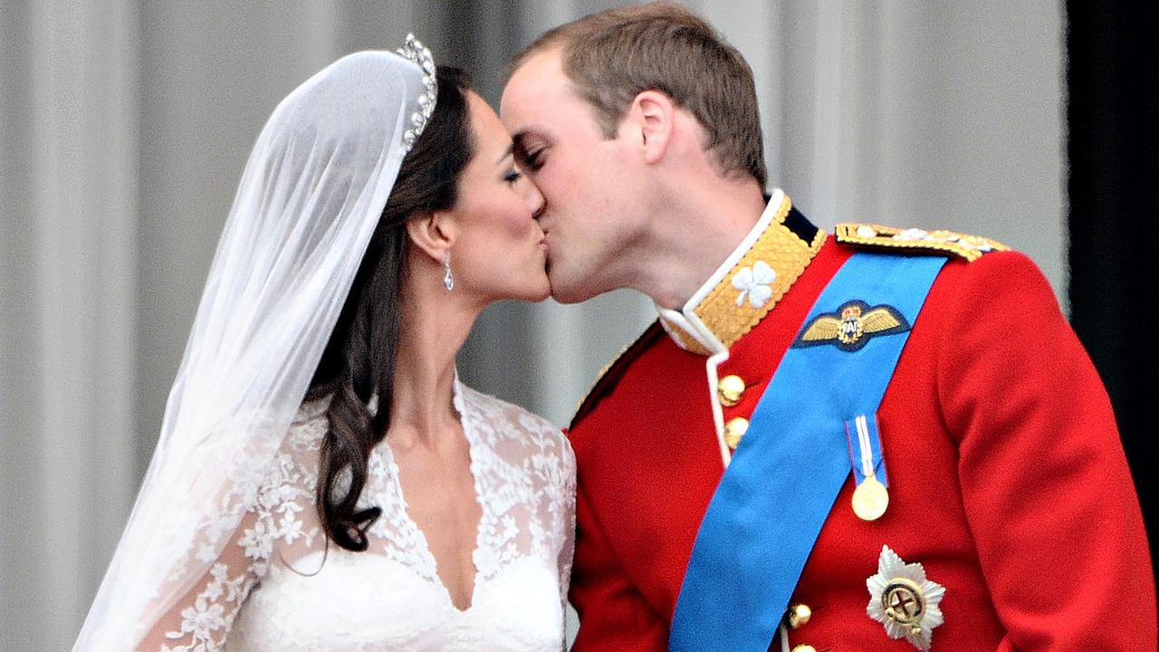 Kate and Will’s famous wedding kiss. Picture: Leon Neal/AFP