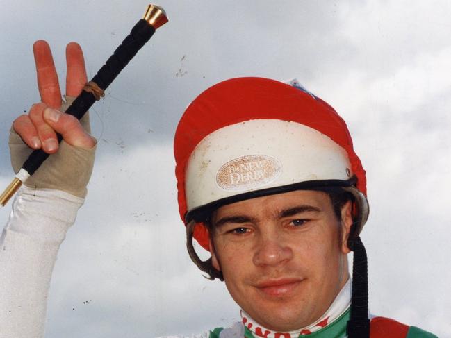 Jockey Jamie Evans returns to scale riding racehorse 'Century Magic' after winning race 4, the Grand National Hurdle, at Victoria Park Racecourse, 16 Jul 1994.