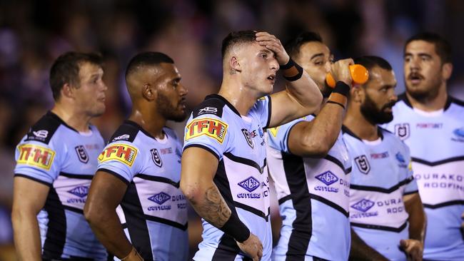 SYDNEY, AUSTRALIA - APRIL 13: Bronson Xerri of the Sharks looks dejected after a Roosters try during the round five NRL match between the Cronulla Sharks and the Sydney Roosters at Shark Park on April 13, 2019 in Sydney, Australia. (Photo by Mark Kolbe/Getty Images)