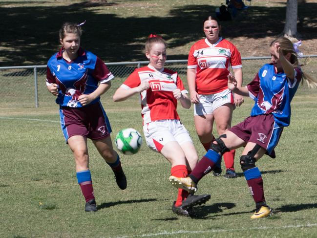 Action from the under 15/16 girls Queensland Christian Soccer Association grand final between Blackstone and Brisbane Valley. Picture: Gary Reid