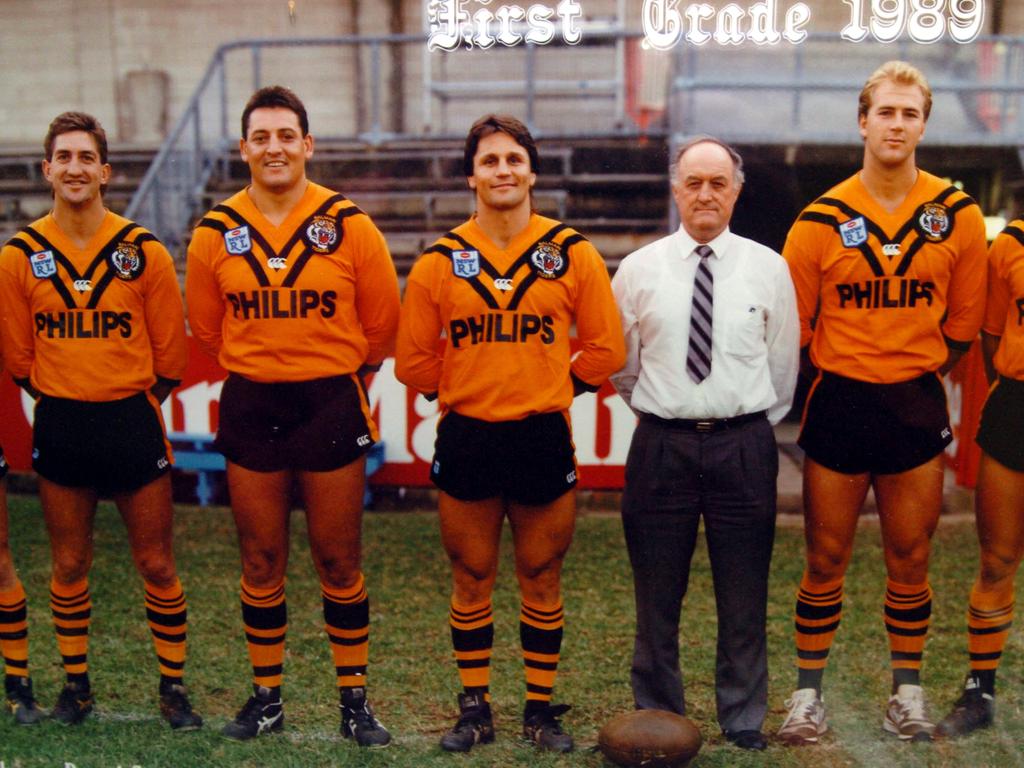 Keith Barnes with 1989 Balmain players (from left) Russell Gartner, Steve Roach, Wayne Pearce and Paul Sironen.