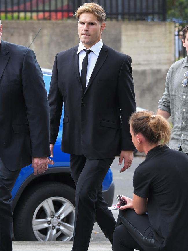 NRL player Jack De Belin at Wollongong Courthouse on Monday for his rape trial. Picture: NCA NewsWire / Simon Bullard