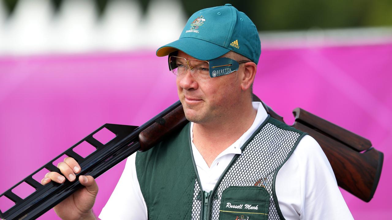 London Olympics 2012. Australian Olympic shooter Russell Mark gets some practice in at the Royal Artillery Barracks venue.