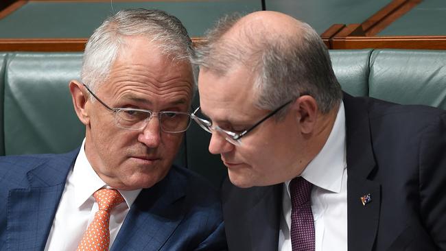 Malcolm Turnbull and Treasurer Scott Morrison during Bill Shorten’s budget reply.