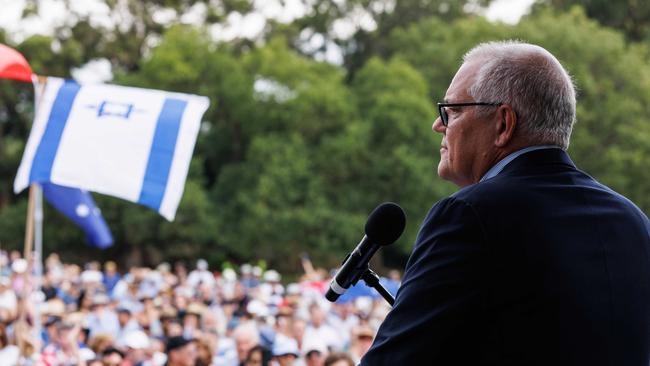 SYDNEY, AUSTRALIA - NewsWire Photos FEBRUARY 18, 2024: Anti-Semitism rally in The Domain today is drawing a large crowd and will have speakers such as Jacqui Lambie. Former Prime Minister Scott Morrison speaks to the crowd. Picture: NCA NewsWire / David Swift