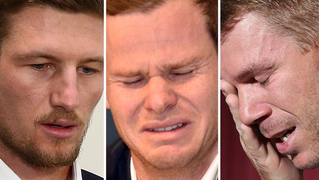 Cameron Bancroft, Steve Smith and David Warner in the wake of Sandpapergate. Wisden editor Lawrence Booth says the Cricket Australia inquiry which followed felt like a “whitewash”. 