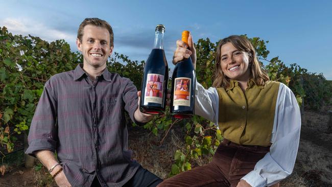 Don't Tell Mum winemakers Holly and Luke at their property in McLaren Vale SA. Pictured on 24th April 2025. Picture: Ben Clark