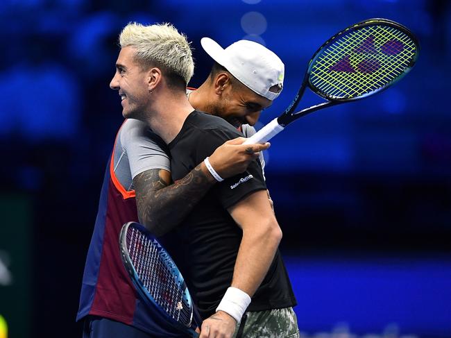 ‘He messaged me the other day to play doubles in the summer.’ Nick Kyrgios and Thanasi Kokkinakis at the ATP Finals in 2022. Picture: Getty Images