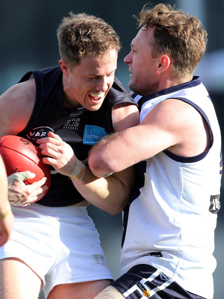 Vic Country’s Kayne Pettifer and VAFA’s Marshall Rippon at Ikon Park, Carlton. Picture: Yuri Kouzmin