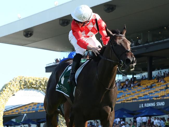 SYDNEY, AUSTRALIA - MARCH 30: James McDonald riding Orchestral wins Race 7 The Vinery Stud Stakes during Sydney Racing at Rosehill Gardens on March 30, 2024 in Sydney, Australia. (Photo by Jason McCawley/Getty Images)