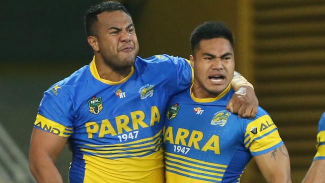 Kirisome Auva'a and Siosaia Vave celebrate the 13 second try.