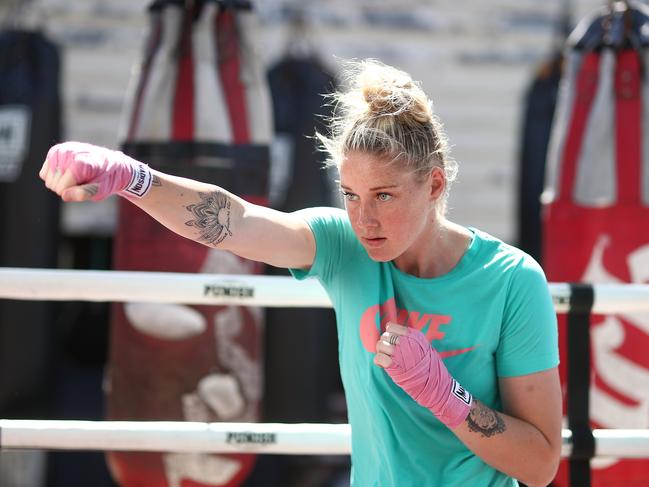 BRISBANE, AUSTRALIA - NOVEMBER 02:  AFLW player and Boxer Tayla Harris poses during a portrait session at Coporate Box on November 2, 2018 in Brisbane, Australia. Harris has an upcoming fight in Melbourne on November 17  (Photo by Chris Hyde/Getty Images)