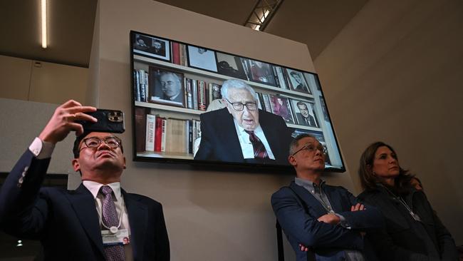 Former US secretary of state Henry Kissinger talks remotely during the World Economic Forum annual meeting in Davos on January 17.