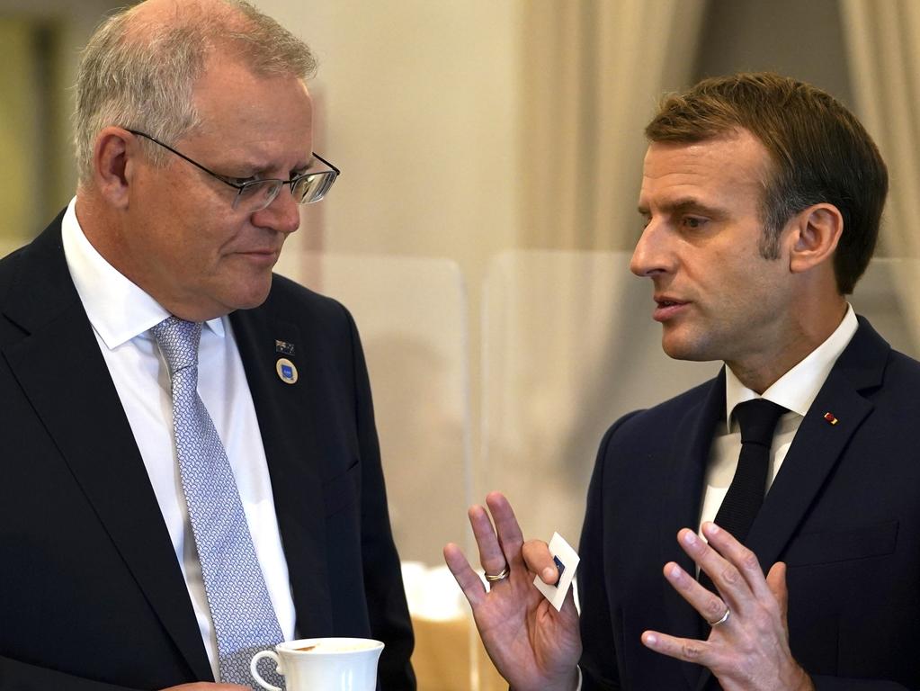 Scott Morrison and French President Emmanuel Macron have had a tense relationship after the scrapping of a submarine deal between the two nations. Picture: Adam Taylor