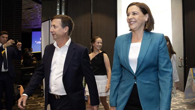 Queensland Opposition Leader Deb Frecklington with husband Jason at the launch of the LNP election campaign at the Emporium Hotel, South Brisbane, on Sunday. Picture: Sarah Marshall