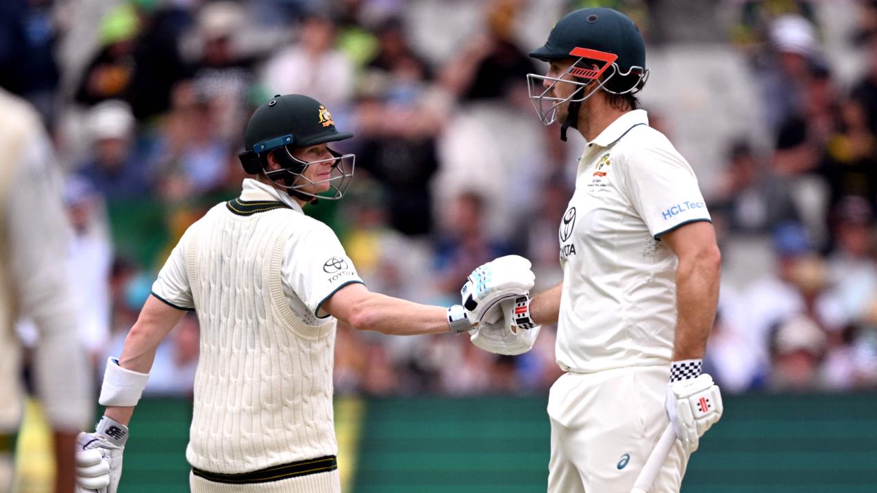 Australian batsman Steve Smith and Mitch Marsh bat against Pakistan at the MCG. Picture: William West/AFP