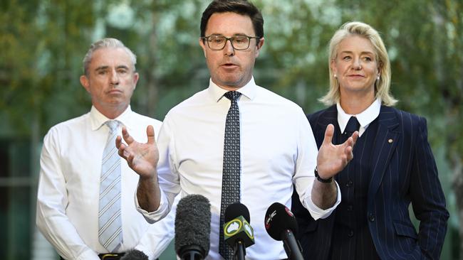 National Party leader David Littleproud with Kevin Hogan and Bridget McKenzie at a recent press conference at Parliament House in Canberra. Picture: Martin Ollman/NewsWire