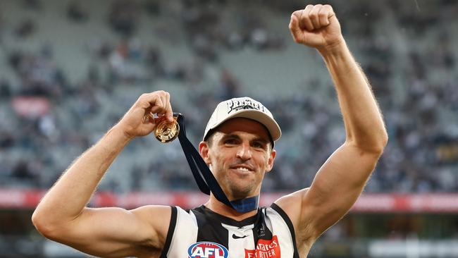 MELBOURNE, AUSTRALIA - SEPTEMBER 30: Scott Pendlebury of the Magpies celebrates during the 2023 AFL Grand Final match between the Collingwood Magpies and the Brisbane Lions at the Melbourne Cricket Ground on September 30, 2023 in Melbourne, Australia. (Photo by Michael Willson/AFL Photos via Getty Images)