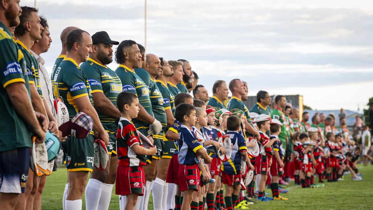 The Australian Legends and Pittsworth All Stars prepare for their match at Club Pittsworth,. Pictures: Kevin Farmer