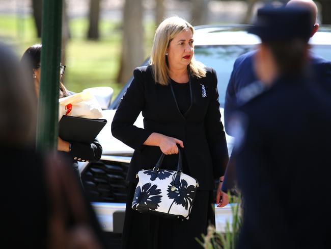 Premier Annastacia Palaszczuk at the memorial service with full police honours for constables Rachel McCrow and Matthew Arnold at Brisbane Entertainment Centre. Picture: David Clark