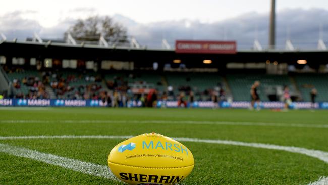 The match ball in the centre of UTAS Stadium before a Hawthorn and Melbourne game.