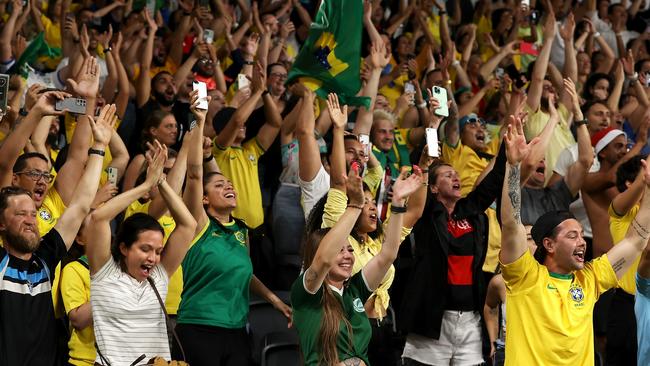 What a crowd. Brazil supporters celebrate after their goal. Pic: Mark Kolbe/Getty