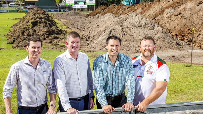 Justin Devantier from BMD, CEO of Wynnum Manly Leagues Club Craig Thomas, CEO of Wynnum Manly Seagulls Rugby League Football Club Hanan Laban and President of Wynnum Manly Junior Rugby League Football Club Adam Lipke at the Wynnum Manly Seagulls rugby league club during works. Picture: AAP/Richard Walker