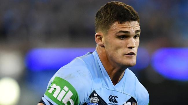 Nathan Cleary of the Blues runs towards their try line during Game 1 of the 2018 State of Origin series at the MCG in Melbourne, Wednesday, June 6, 2018. (AAP Image/Tracey Nearmy) NO ARCHIVING, EDITORIAL USE ONLY