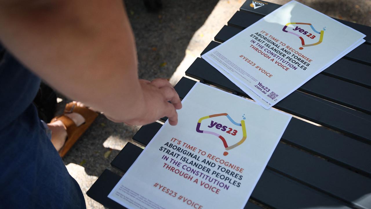 Supporters of the YES campaign set up a booth in the centre of the Northern Territory capital city of Darwin on August 30, 2023. (Photo by DAVID GRAY / AFP)