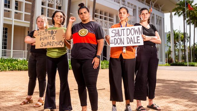 A crowd gathered out the front of the NT Parliament on Monday afternoon ahead of controversial youth bail law changes being pushed through. Protest organisers Sara Rowe, Mililma May, Melinda Phillips, Sharna Alley and Tayarrah Morris. Picture: Che Chorley